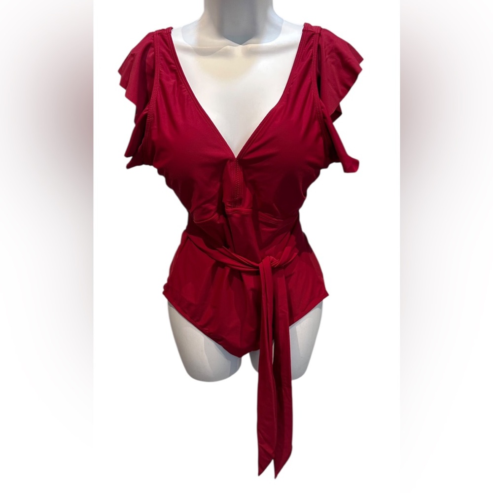 Dark Red One Piece Swimsuit Bathing Suit with Matching Sash Size Large